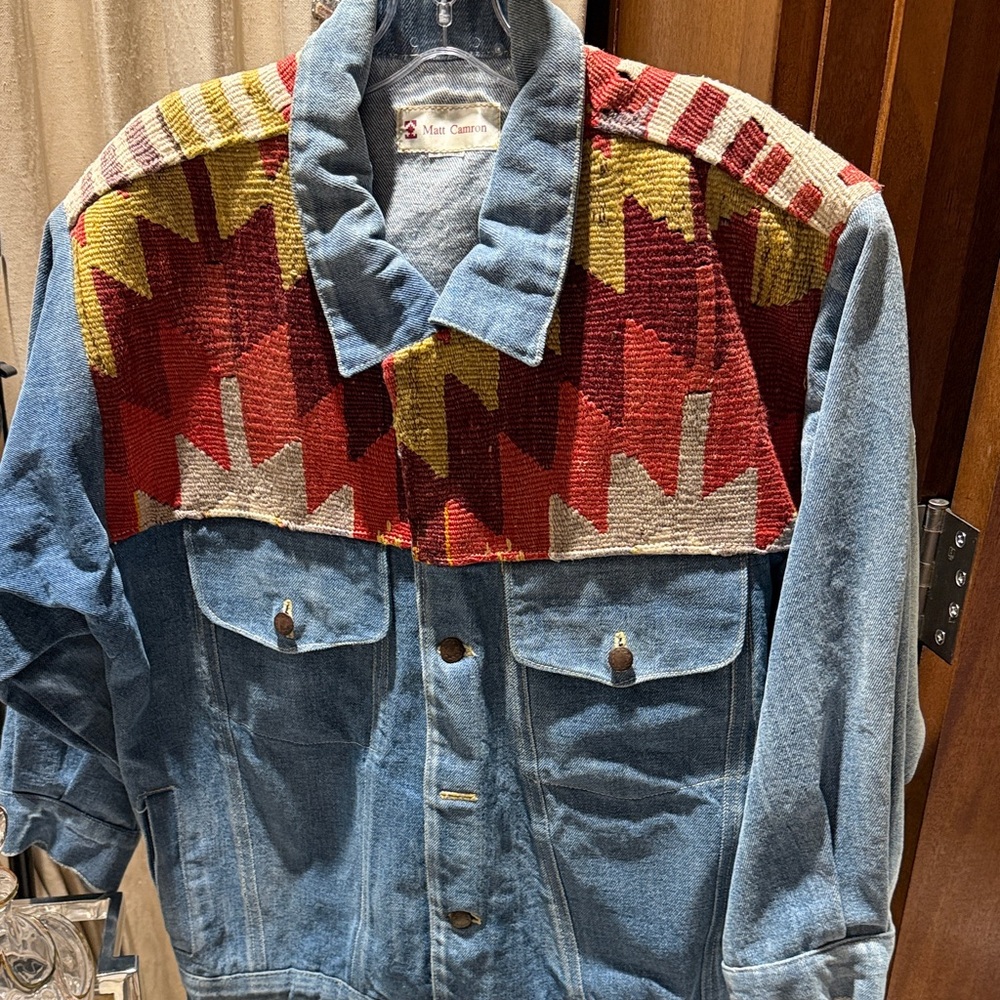 Vintage Denim Jacket with Red and Yellow Aztec Pattern by Matt Camron